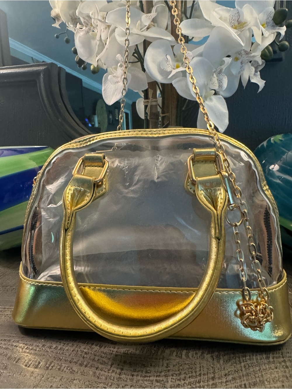 NWOT Gold Clear Dome Satchel Handbag with Gold Tone Chain Crossbody 9”x6”